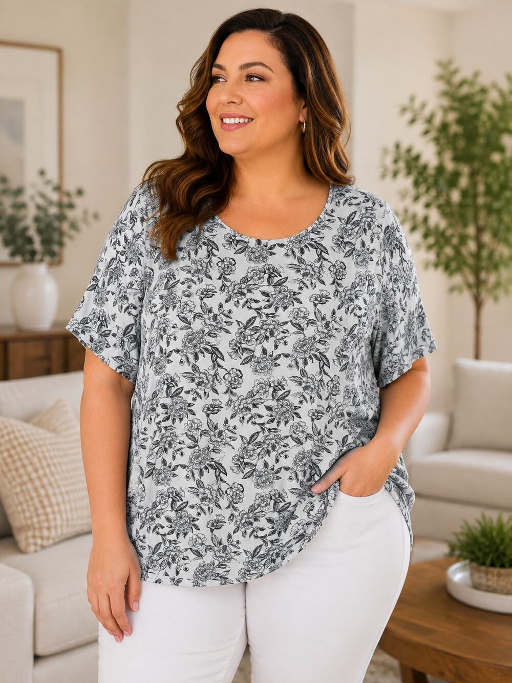 Pure Jill J.Jill 3X Pima Cotton Floral Elliptical Tee Blue Short Sleeve Top